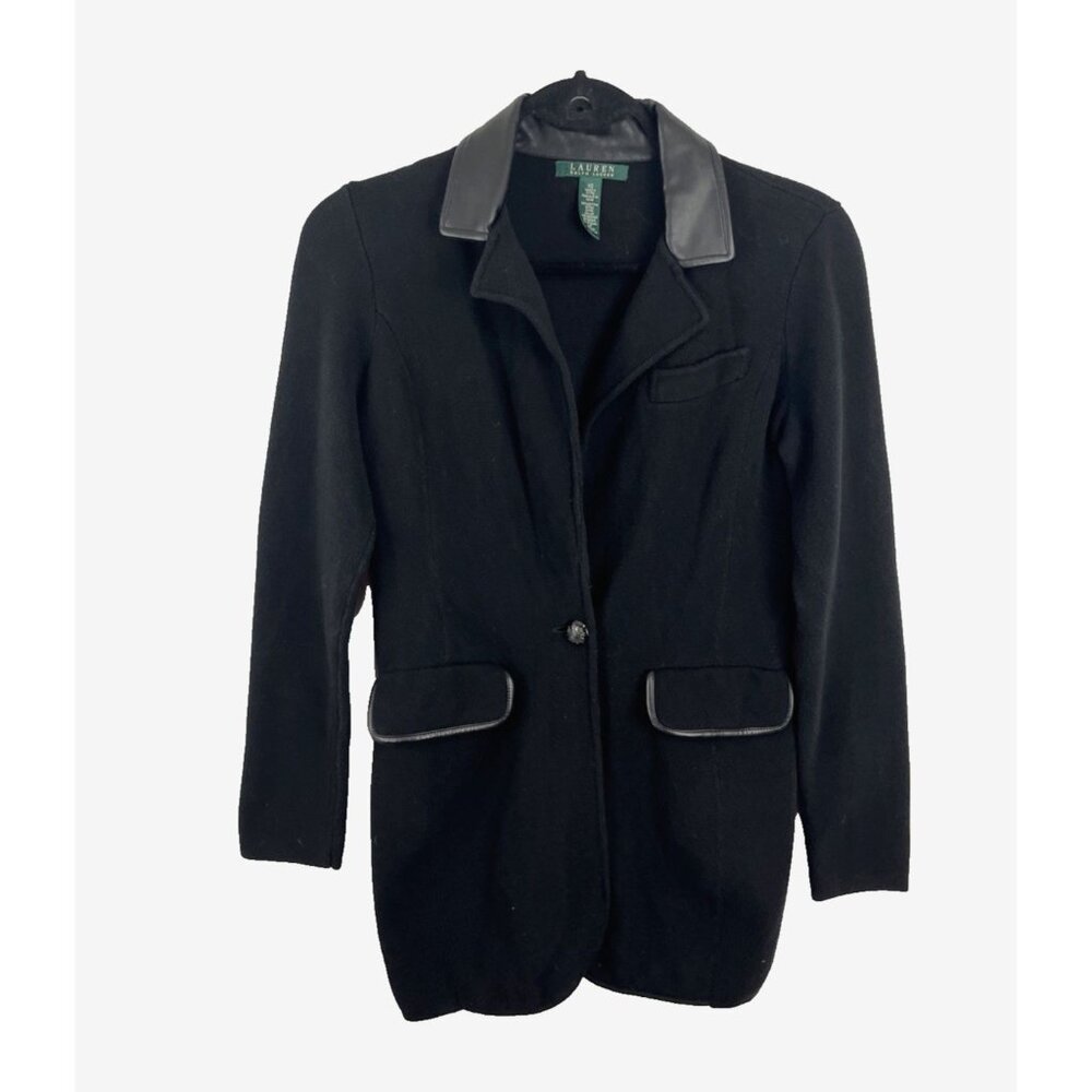 Lauren Ralph Lauren Black Sweater Blazer w/ Faux Leather Trim Womens Size XS